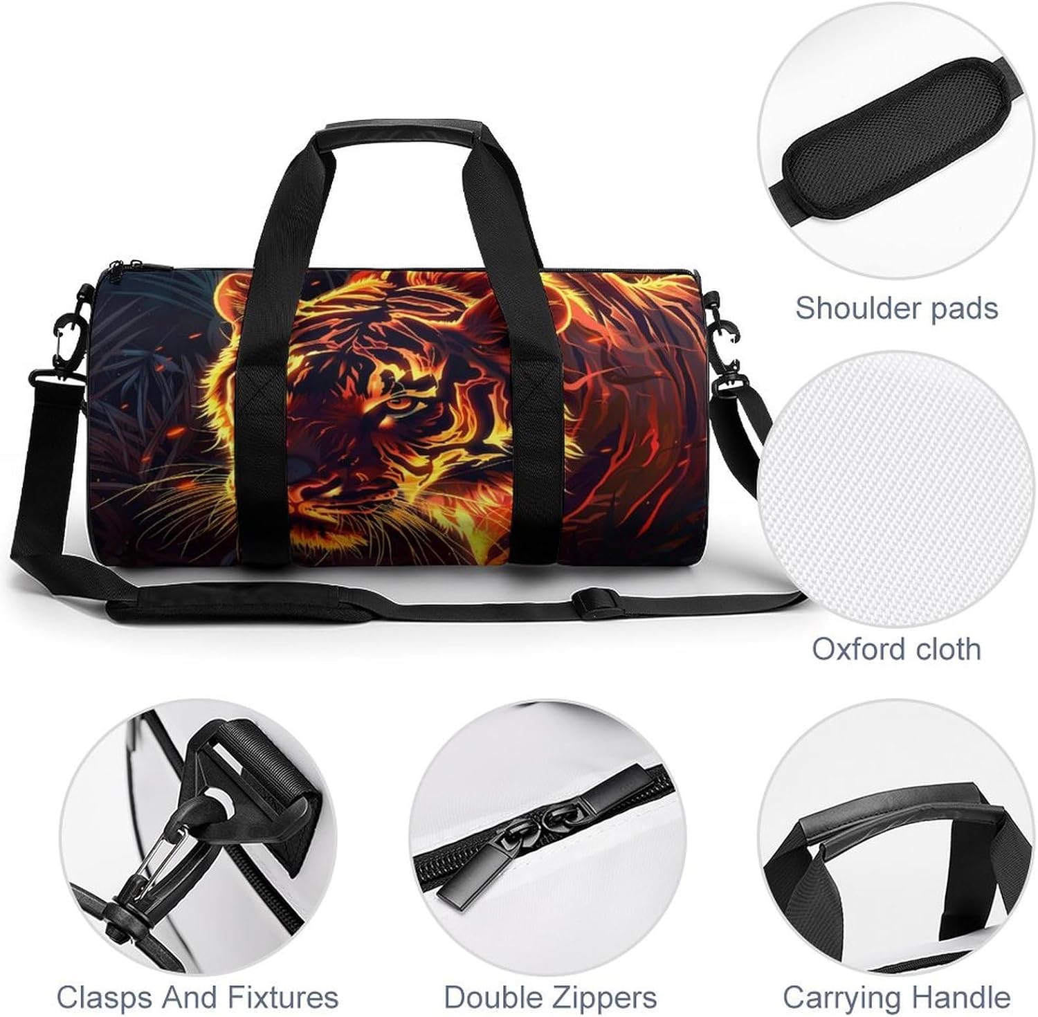 Flame Tiger Gym Sport Bag Travel Duffle Backpack Weekender Overnight with Shoes Compartment for Women Men
