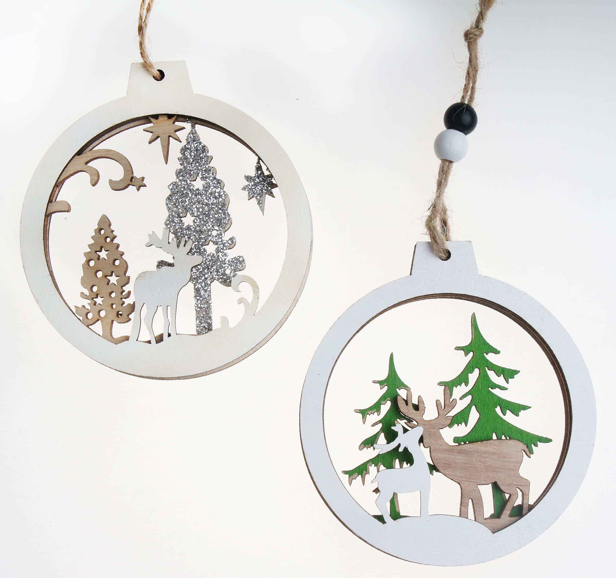 12 Piezas Adornos Navideños De Madera - Colgantes Renos Y Muñecos De Nieve, 8 Cm, Plata Blanca, Para Árbol Y Decoración