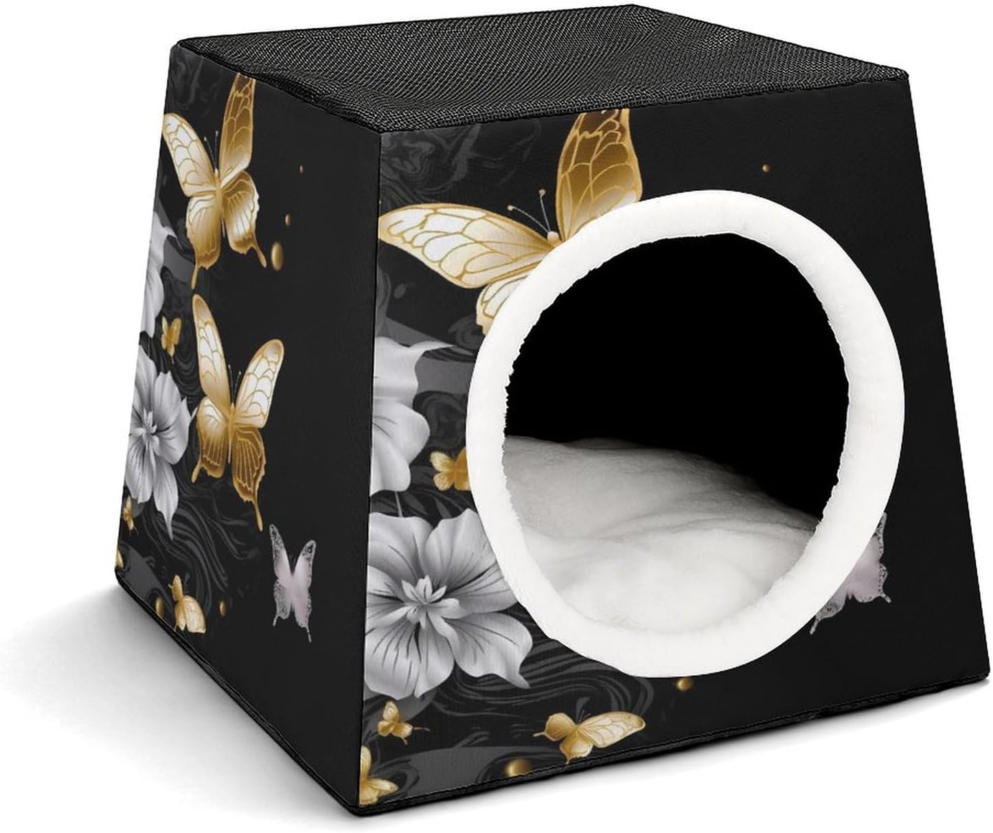 Pet Sleeping Nest Bed, Gold White Butterflies Black Printed Dog House Cat Nest, Winter Pet House are Suitable for Most Cats, Dogs, and Other Small Pets