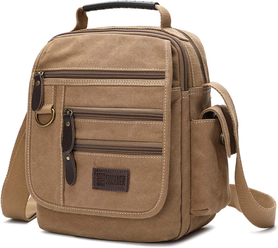 SUNSOMEN Mens bag Canvas Shoulder Bag Small Messenger Crossbody Work Bag Vintage Multi-function (Khaki)