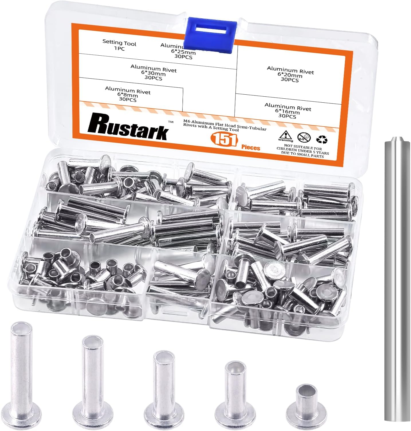 151Pcs 5 Sizes M6 Aluminum Flat Head Semi Tubular Rivets Assortment Kit with Punch, Partial Hole Tubular Rivets Round Flat Head Semi Tubular Rivet Silver Tone for Household Industry Repairing