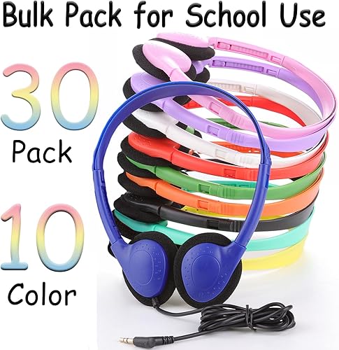 Miniatura 2 de Ladont Paquete de 30 auriculares para niños a granel para la escuela, aulas, auriculares con cable para niños, estudiantes, niños, adolescentes,