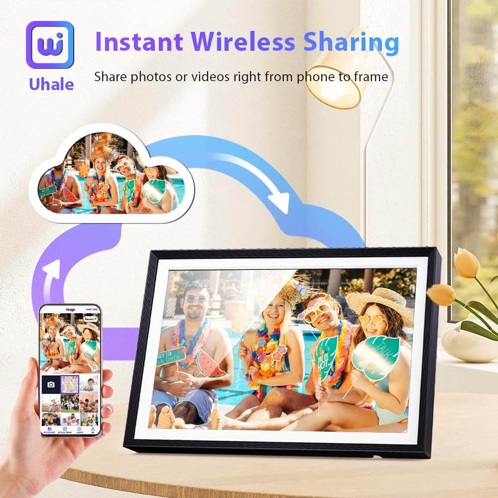 Cornice digitale 32 GB, 10,1 pollici, Wi-Fi, touchscreen, HD 1280x800 IPS, rotazione automatica, condividi le foto sempre e ovunque tramite l'app Frameo/Uhale, nero