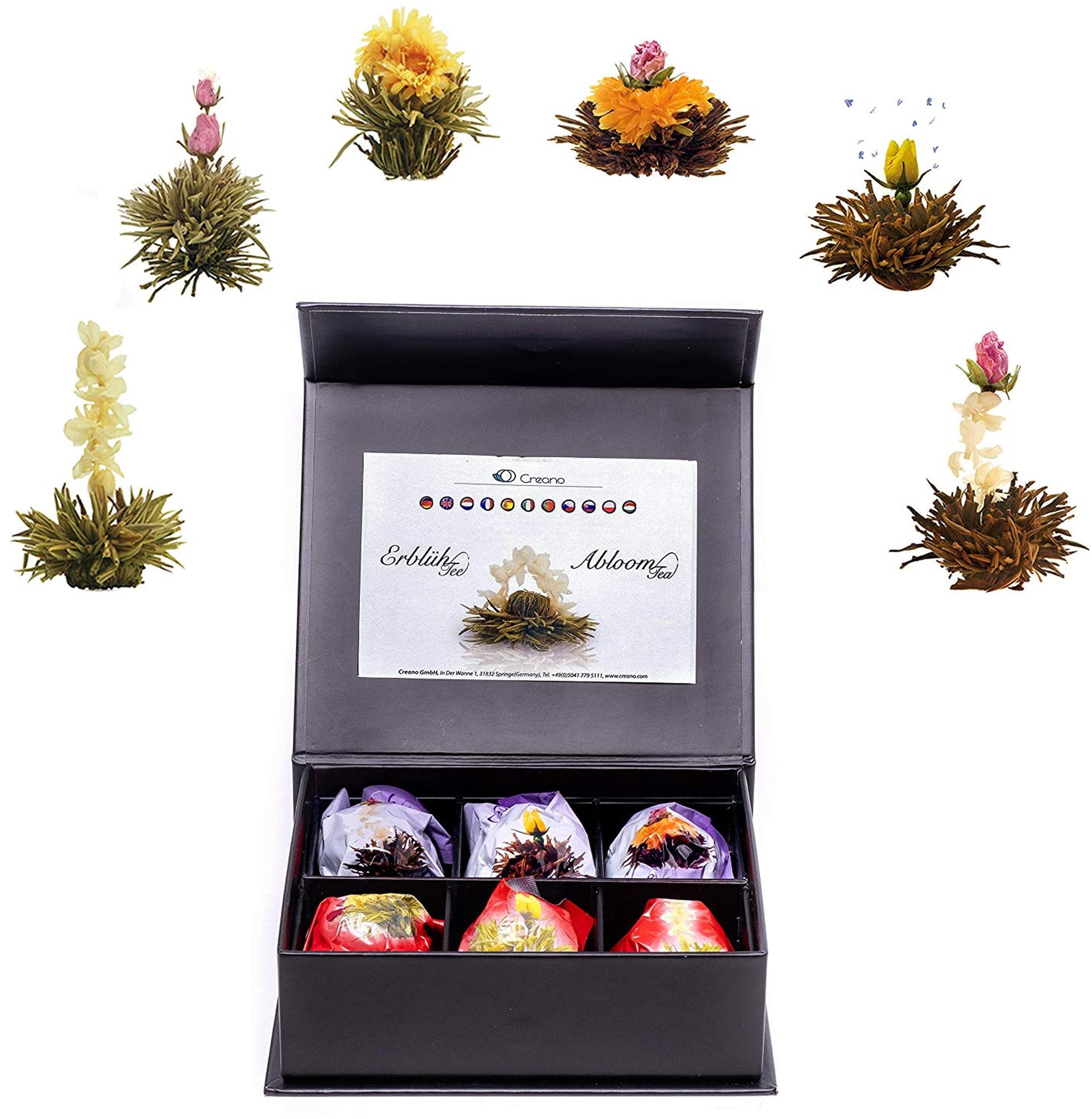 Creano 6x Fiori di Tè nero in elegante Scatola magnetica con Goffratura argento