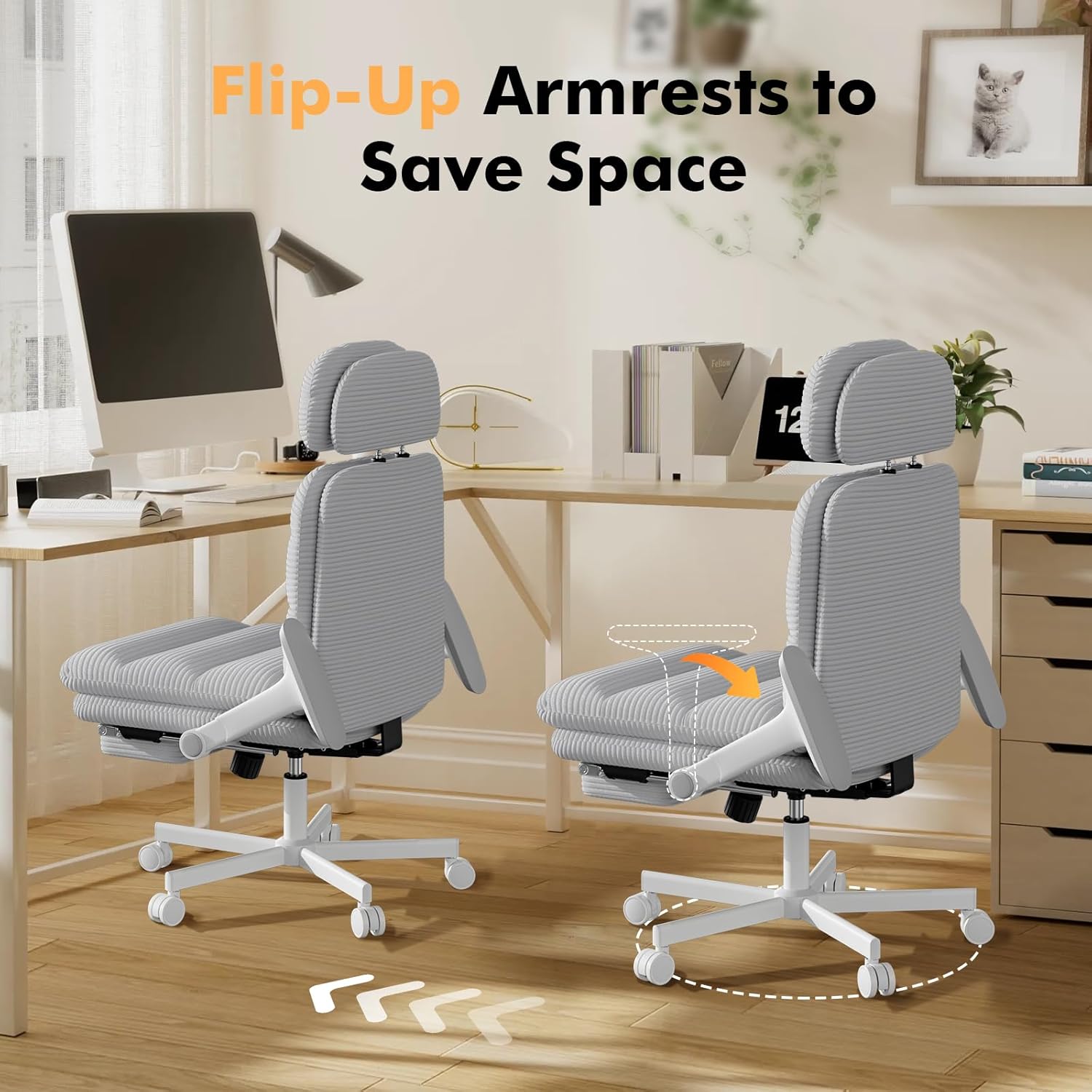 GXJ Criss Cross Chair with Wheels & Flip-up Arms, Executive Office Chair with Foot Rest, Swivel Cross Legged Office Chair with Lumbar Pillow, Corduroy Comfy Computer Desk Chair for Home, Grey