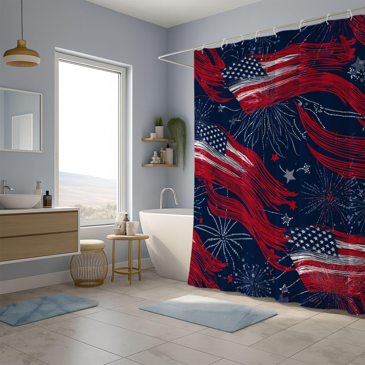 Generico Tenda da doccia Vivace USA Bandiera, Rosso Blu tenda da doccia Fantasia per il bagno, tessuto in poliestere impermeabile con ganci 180 x 200 cm Per La Vasca Da Bagno Casa E Hotel Caravan
