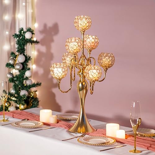 Miniatura 3 de LANLONG Portavelas dorados para centro de mesa, 7 brazos de alto, candelabro de cristal para decoración del hogar, boda, decoración de Navidad,
