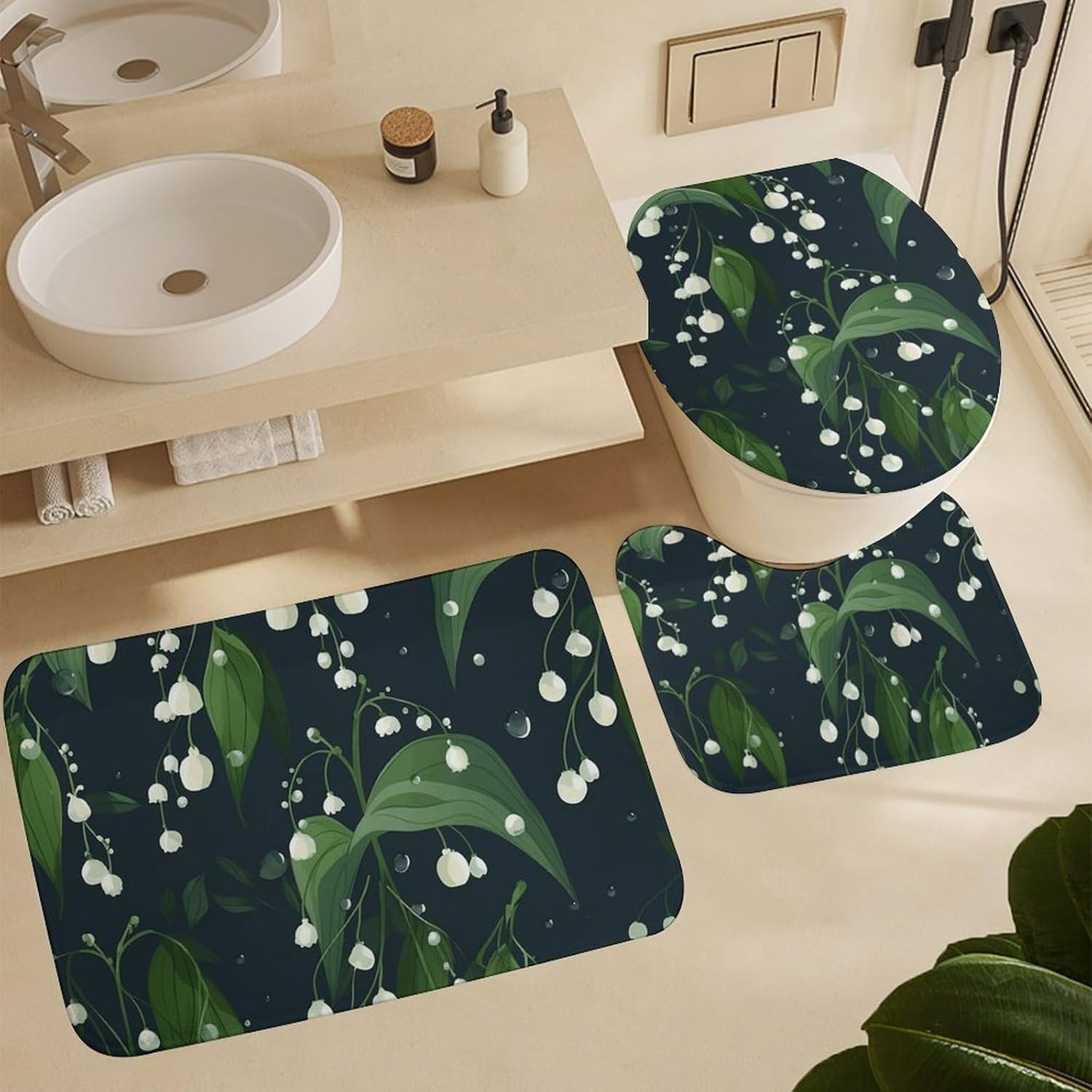 Dark White Light Green Shower Curtain Set 4 Piece, Non-Slip Bath Mat with Toilet Lid Cover and Waterproof Shower Curtain with 12 Hooks, Complete Bathroom Set for Home Decor
