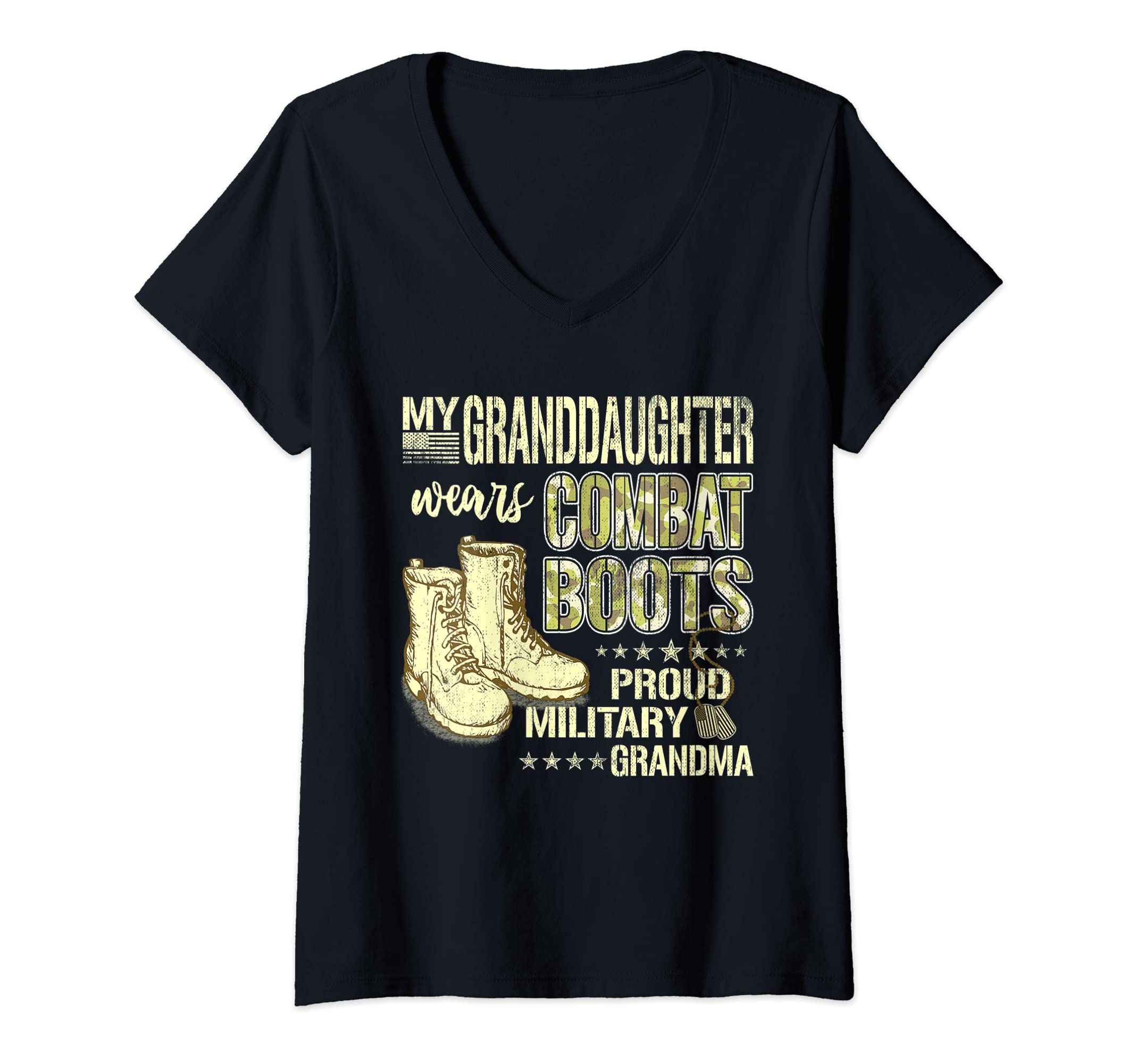 Womens My Granddaughter Wears Combat Boots - Proud Military Grandma V-Neck T-Shirt