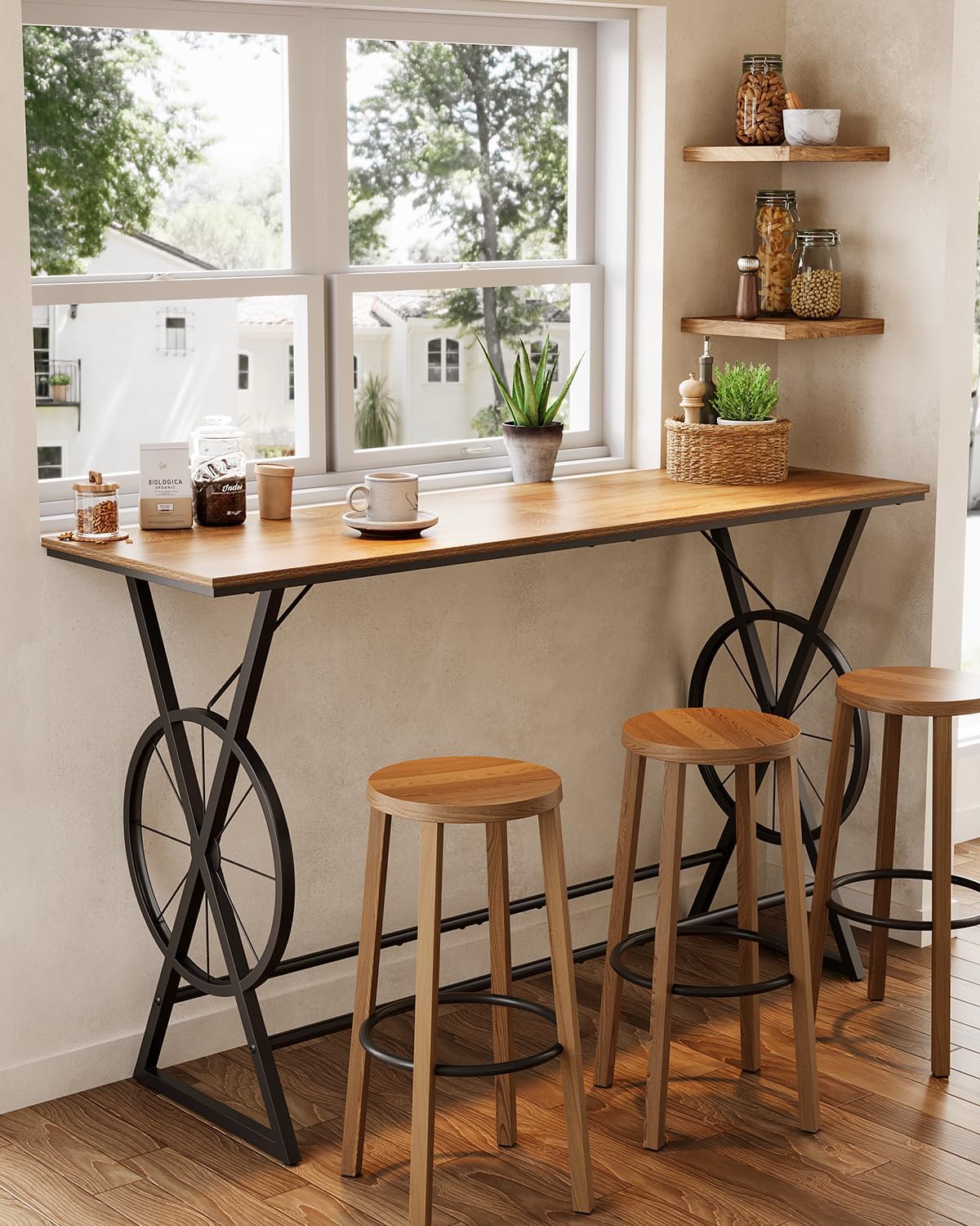 LITTLE TREE 63" Bar Table, Long Counter Height Table, Modern Kitchen Bar Height Table with Footrest & Wheel-Shaped Legs for Home Kitchen, Dining Room, Bistro, Bar, Coffee, Brown and Black (No Stool)