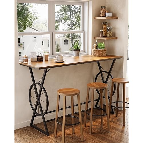 LITTLE TREE 63" Bar Table, Long Counter Height Table, Modern Kitchen Bar Height Table with Footrest & Wheel-Shaped Legs for Home Kitchen, Dining Room, Bistro, Bar, Coffee, Brown and Black (No Stool)