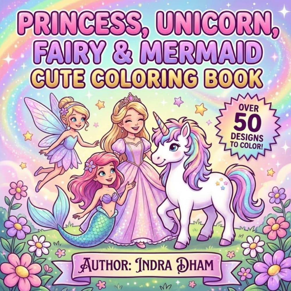 Princess, unicorn, fairy and mermaid coloring book: Cute and fun coloring book for kids