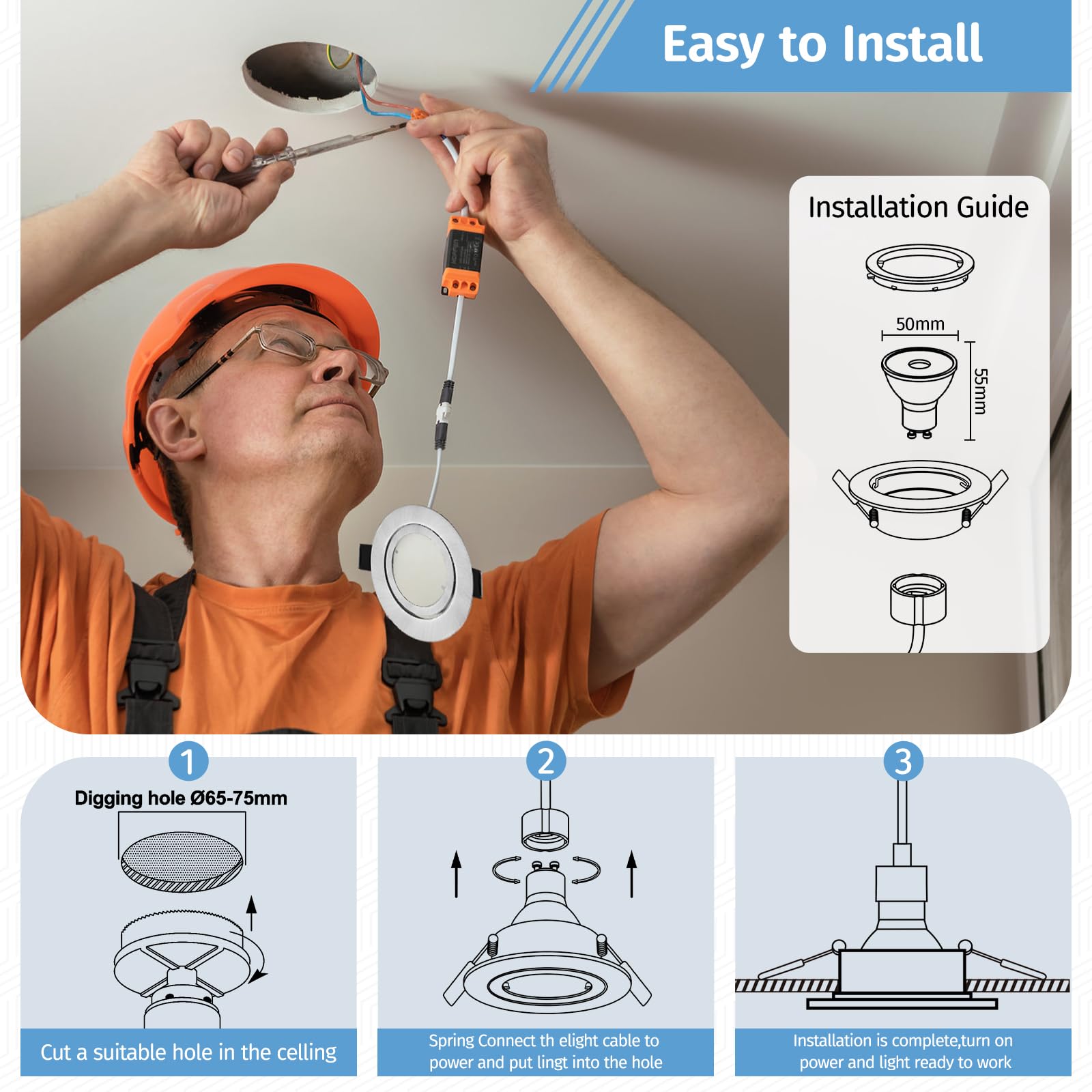 LED Einbaustrahler 6 Pack GU10 Schwenkbar led Einbauleuchte in Edelstahl gebürstet Optik, Einbaurahmen für LED/Halogen Leuchtmittel Inkl. GU10 Fassung, Rund(Ohne Leuchtmittel)