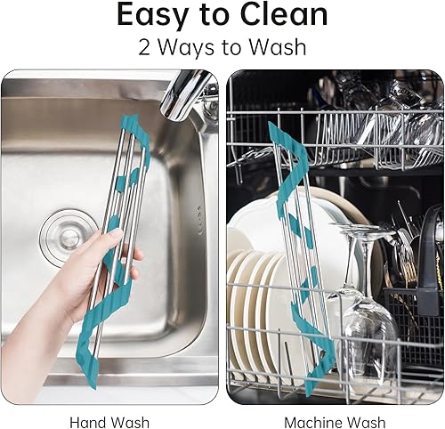 Miniatura 5 de Tomorotec Escurridor de platos enrollable triangular para esquina del fregadero, pequeño, plegable, de acero inoxidable sobre el fregadero,