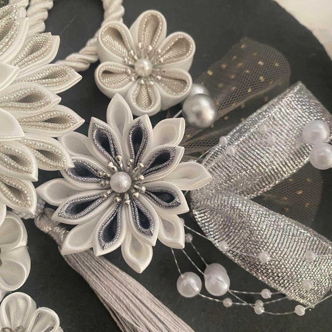 つまみ細工 髪飾り 白銀 豪華17点セット no.13 受注作製】つまみ細工髪