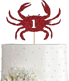 Crab 1st Birthday Cake Topper, Red Glitter Happy 1 Year Birthday Party Decoration