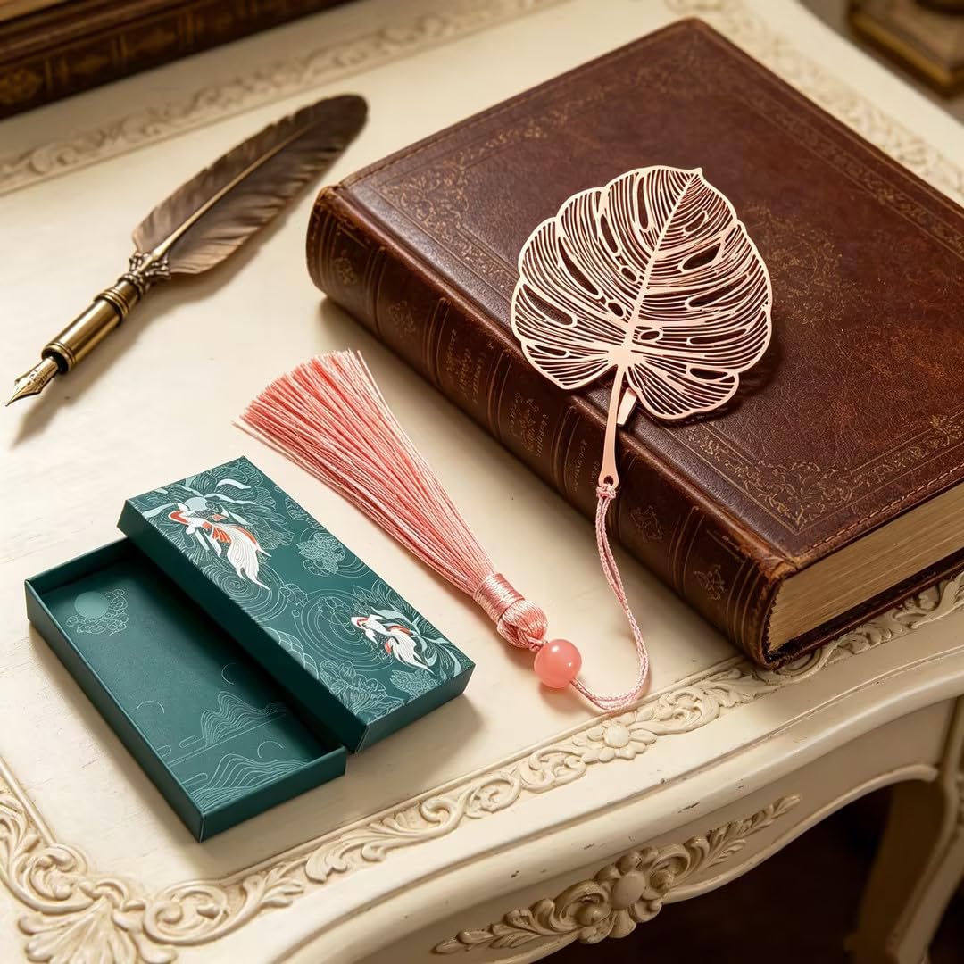 Marcapáginas de Metal Monstera en Caja de Regalo, Elegante con Borla para Mujeres Mamá Abuela (Oro Rosa)