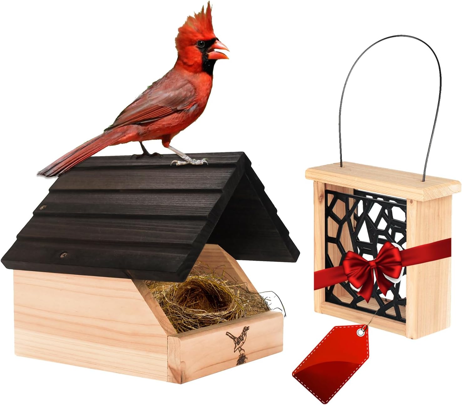 Cedar Open Nesting Box Cardinal Swallow Bird House Shelter Shelf Bonus Suet