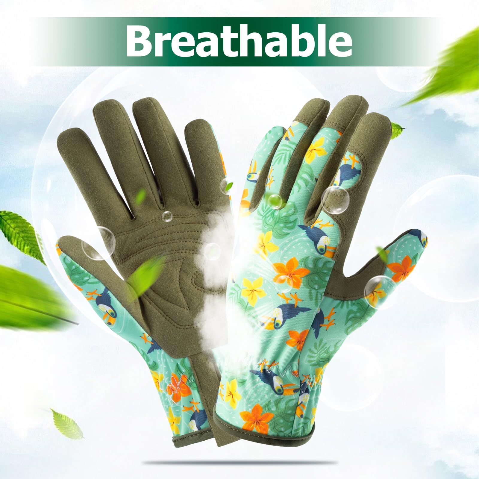 Guantes de jardinería para mujer, guantes de trabajo de cuero transpirable con puño de velcro, guantes a prueba de espinas para patio/jardín