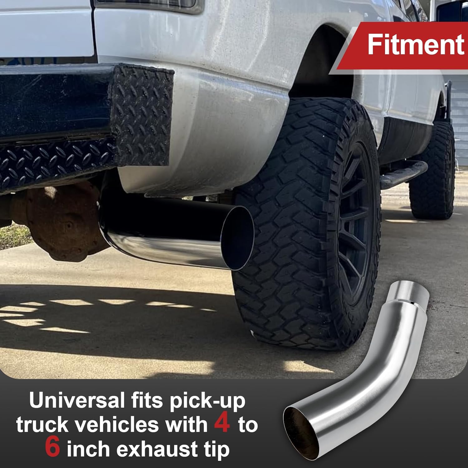 4/6in exhaust pipe,Diesel Exhaust Elbow Tip,Exhaust Pipe Elbow 4.00 Inlet 6.00 X 23.00" Long Stainless Steel Side Exit Exhaust Tip (4 in Inlet 6in Outlet with1* clamp)