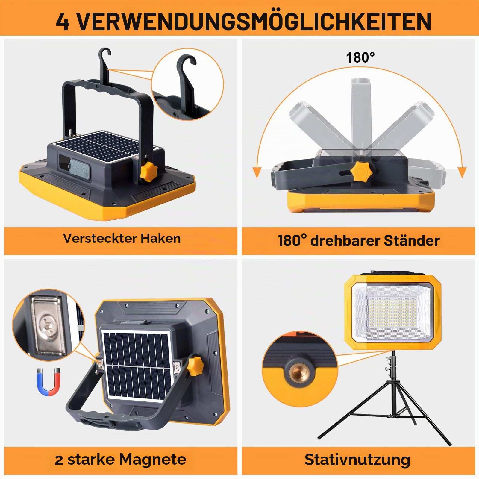 Solar LED Akku Strahler, 10000LM, 7800mAh, 4 Lichtmodi, IP54 | 60W, USB-Ausgangsfunktion, Batterie-Digitalanzeige, Stufenloses Dimmen für Camping, Baustelle, Garage, Angeln, Notfall