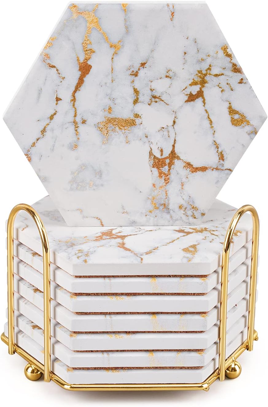 Coasters for Drinks with Holder, Absorbent Marble Coaster Set of 8, Ceramic White and Gold Coasters for Coffee Table,Housewarming Gift,Tabletop Protection, Home Decor
