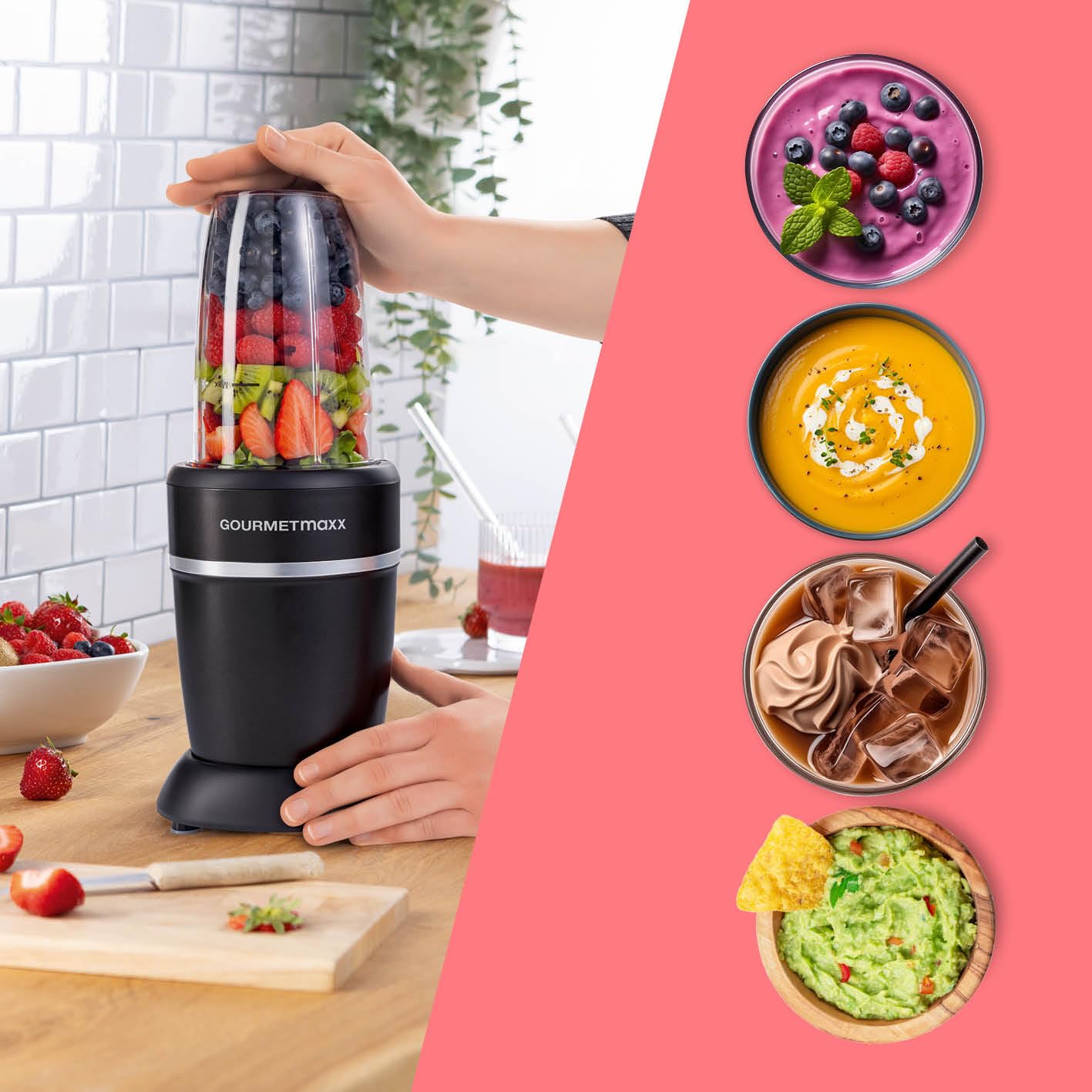 GOURMETmaxx Nutrition Mixer 1000 Watt | Smoothie Maker con coperchio to go | Frullatore con bicchiere e coperchio salvafreschezza – ideale per conservare | Frullatore con set di accessori L per