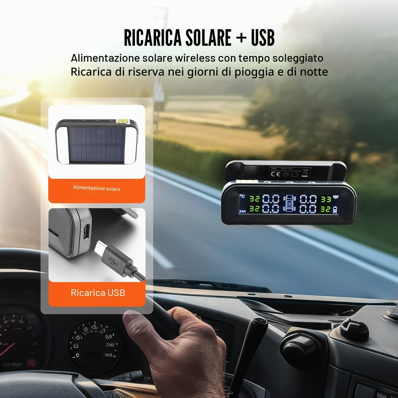 VEVOR Sistema di Monitoraggio Pressione dei Pneumatici per Camper 7.3-87psi Rimorchio TPMS Sistema di Allarme per Auto Wireless Universale Kit Sensore TPMS Impermeabile con Carica Solare 4 Sensori