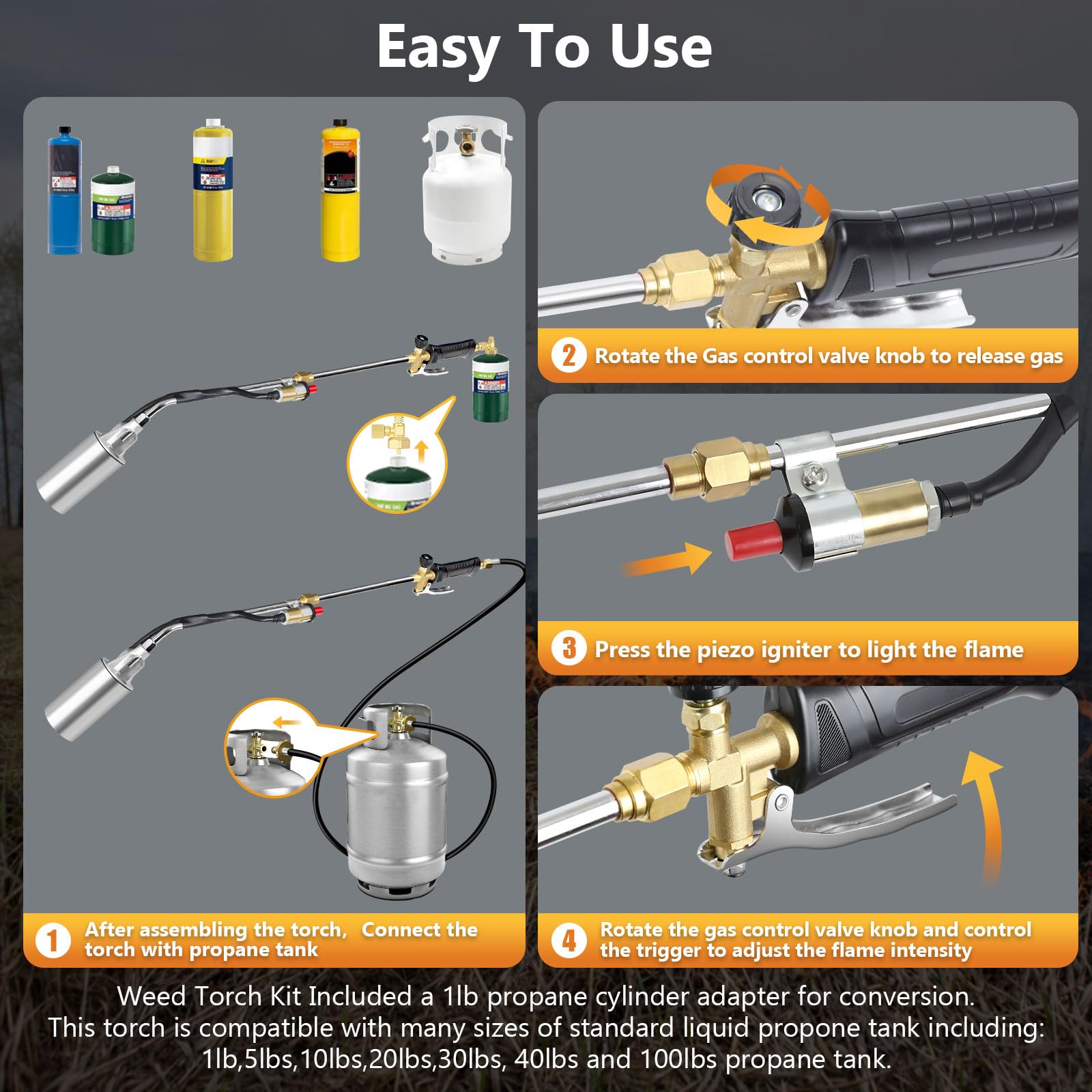 Kit de quemador de malezas de propano, 2 en 1, seccional de 37.5 pulgadas, extendido, sin doblar, 1.800.000 BTU, lanzallamas resistente con encendido automático, manguera de 10 pies y adaptador