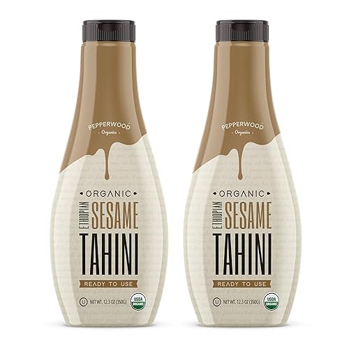 Tahini de sésamo etíope orgánico Pasta de tahini cremosa y lista exprimible de 12.3 onzas (paquete de 2) sin cáscara, sin sal, sin OMG, sin