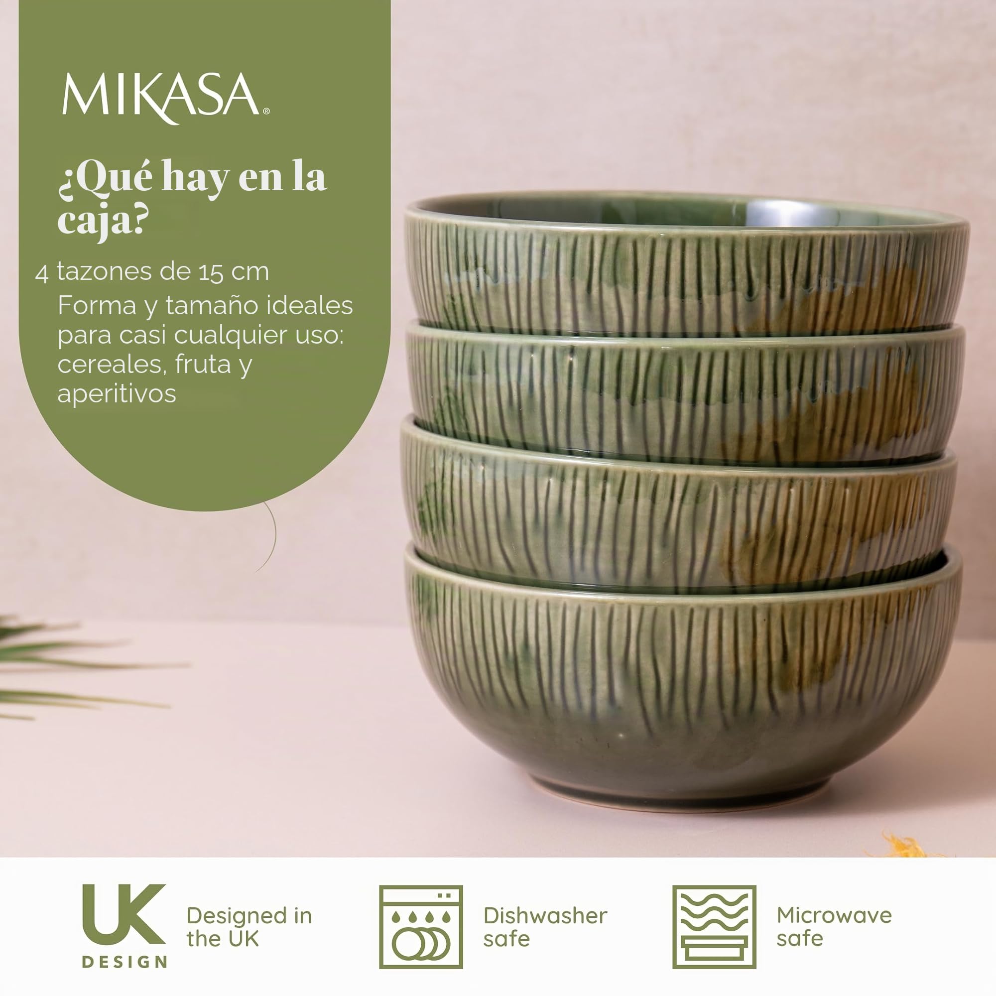 Mikasa Jardin - Juego de 4 cuencos para cereales, color verde, servicio para 4, juego de 4 cuencos de cerámica para cereales, cuencos de sopa de 15 cm, en caja de regalo y vajilla apta para