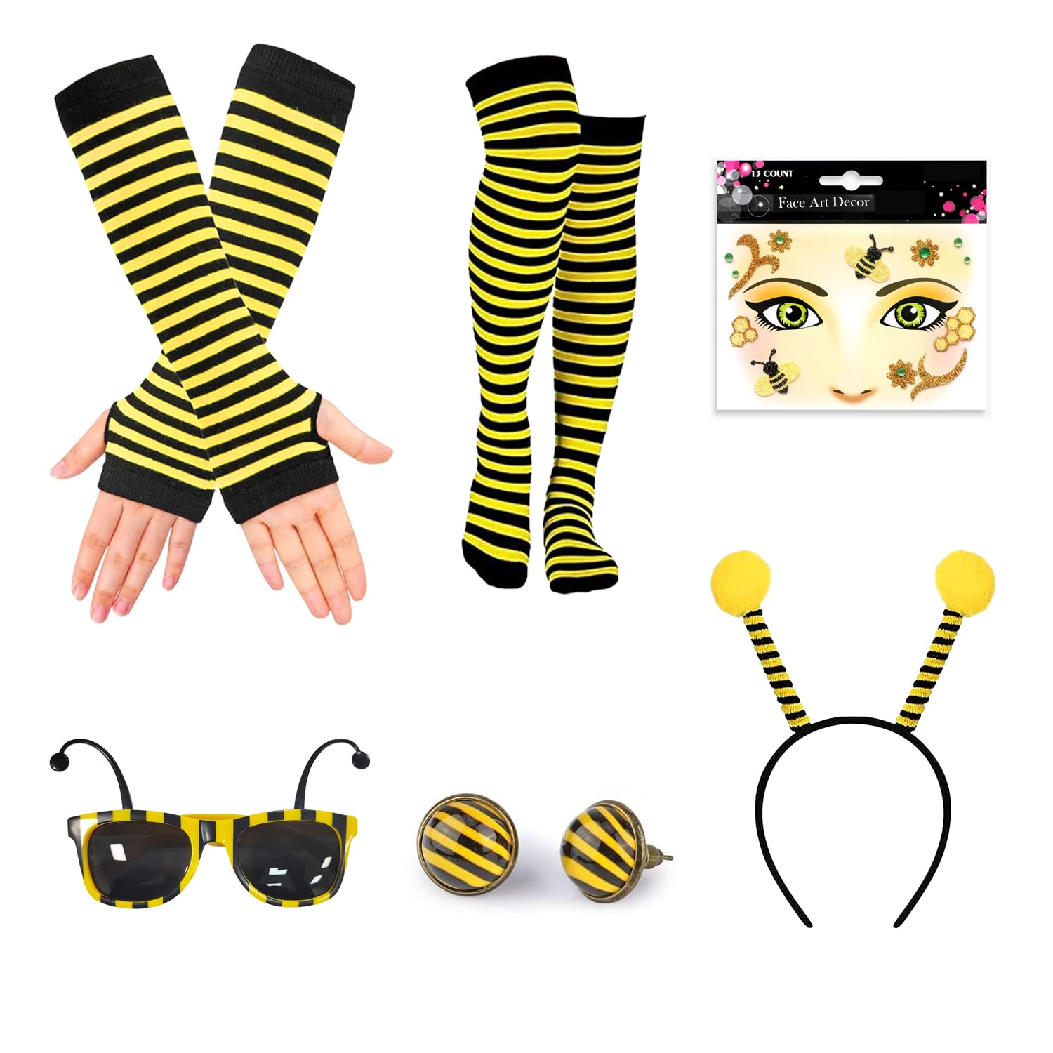 Zdhsufnvw 6 stuks accessoires voor bijenkostuums volwassenen bijenkostuum haarband bijentatoeages met bijengezicht vingerloze handschoenen bij en gestreepte kous voor carnaval, Halloween, cosplay