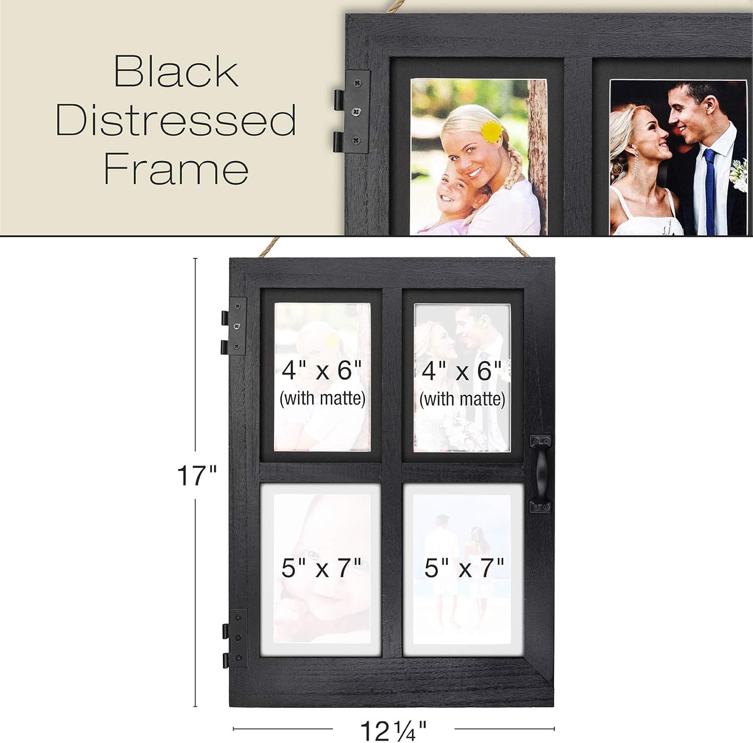 EXCELLO GLOBAL PRODUCTS Vintage Farmhouse Window Photo Frame: Rustic Hanging Distressed Wood Collage Picture Frame. Holds Four 4x6 or 5x7 Photos (Black) - Image 2
