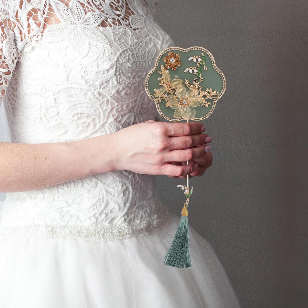 Mini Chinese Vintage Fan with 3D Rhinestone Flower Embroidered Tassel Bridal Hand Fan for Wedding Dancing and Traditional Costume Accessory 11.41X4.13In