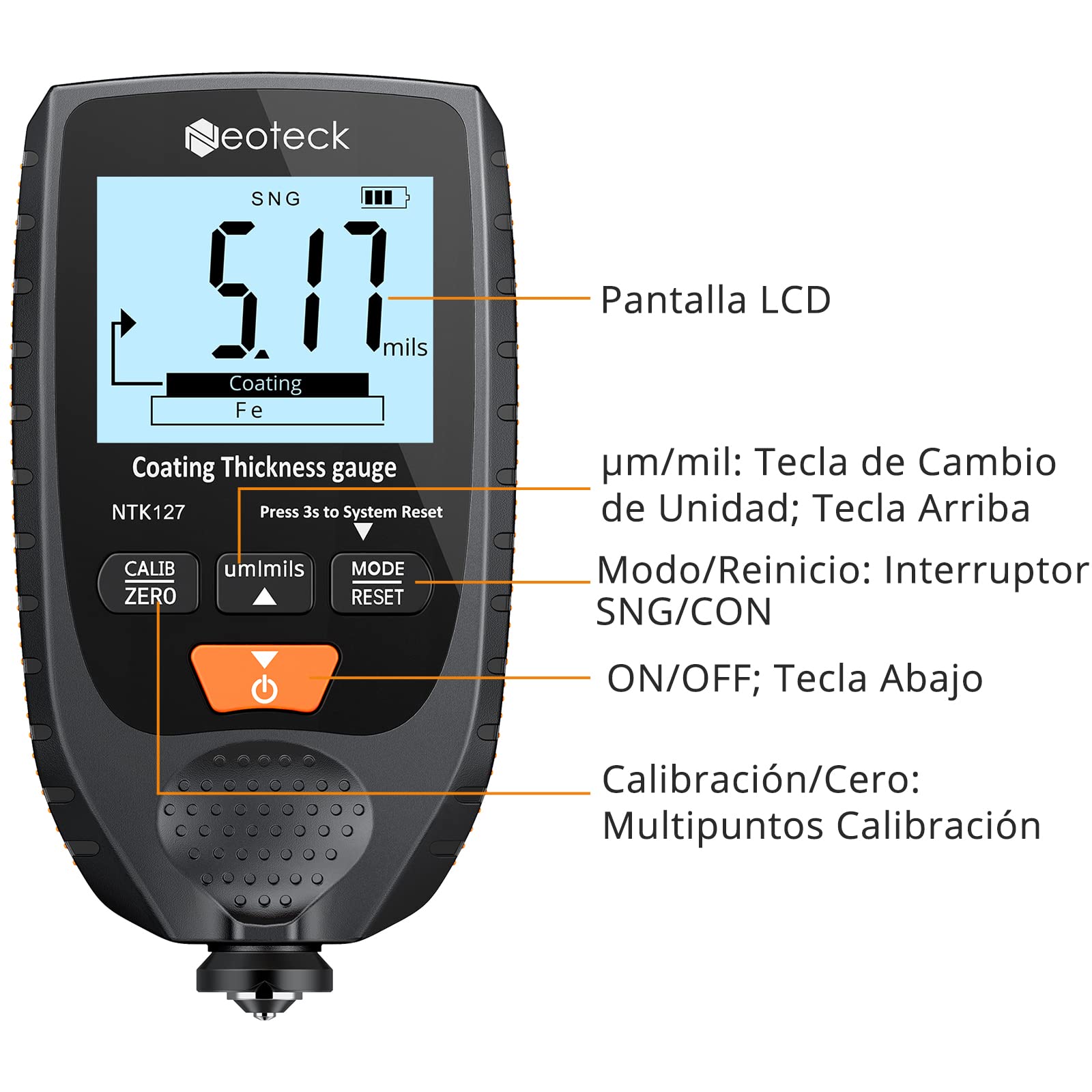 Neoteck Medidor de Espesor 0-1500um Medidor de Espesor de Recubrimiento de Pintura para Automóvil Sonda Fe&NFe con Retroiluminación para Automóviles de Metal con Base de Acero y Aluminio
