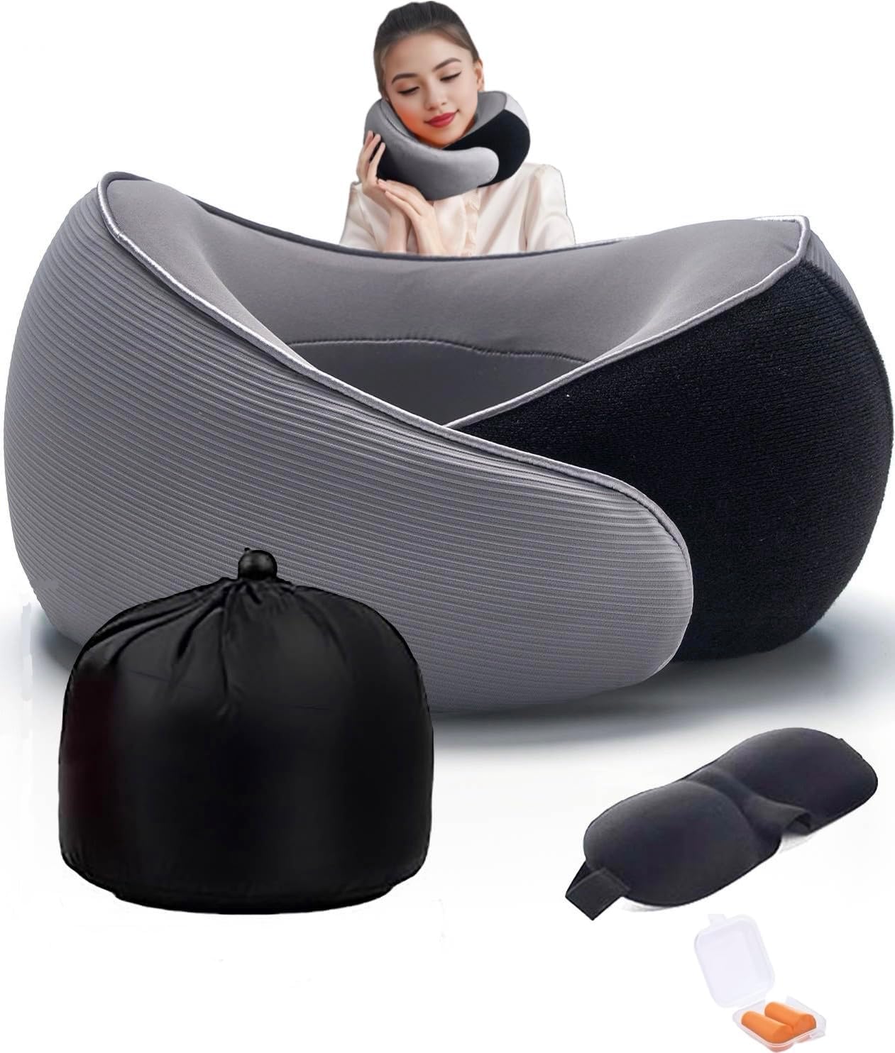 Neck Pillow for Traveling, Upgraded Travel Neck Pillow for Airplane 100% Pure Memory Foam Travel Pillow for Flight Headrest Sleep, Portable Plane Accessories,Pillow Eye mask earplug