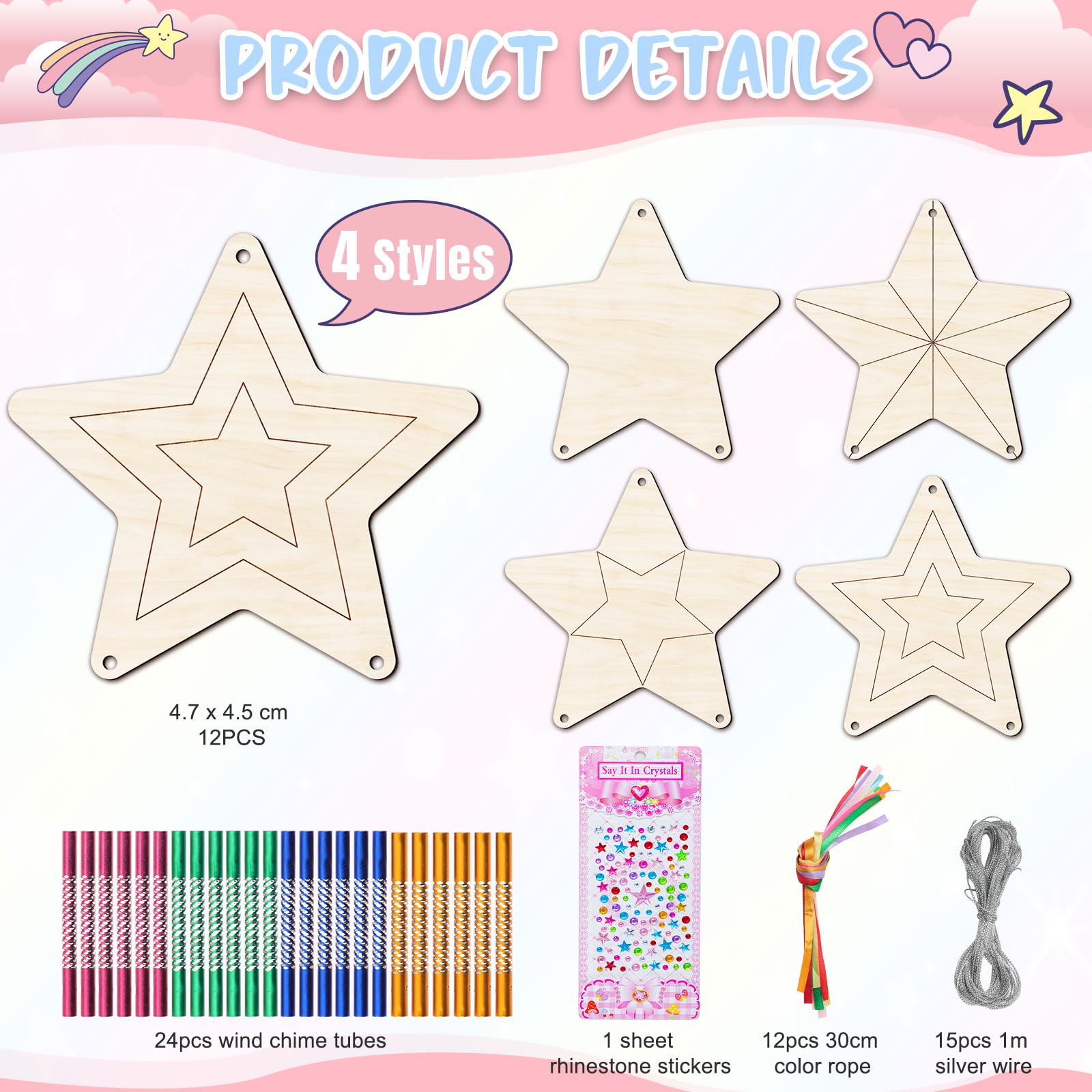 Star Wind Chime Craft Kit - 16 Pack DIY Coloring Wind Chimes For Kids Arts