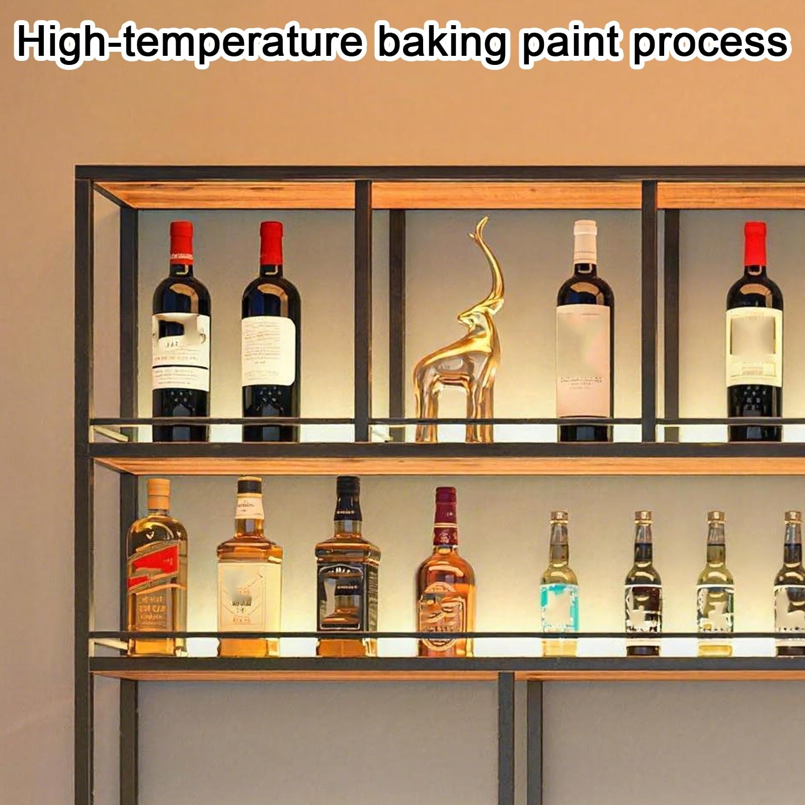 Botellero con Luz LED Botelleros Industrial Materiales de Metal Y Madera Estante Comercial para Vinos Diseño de 4 Niveles con Barandilla H120 Cm (47,2”) Estructura