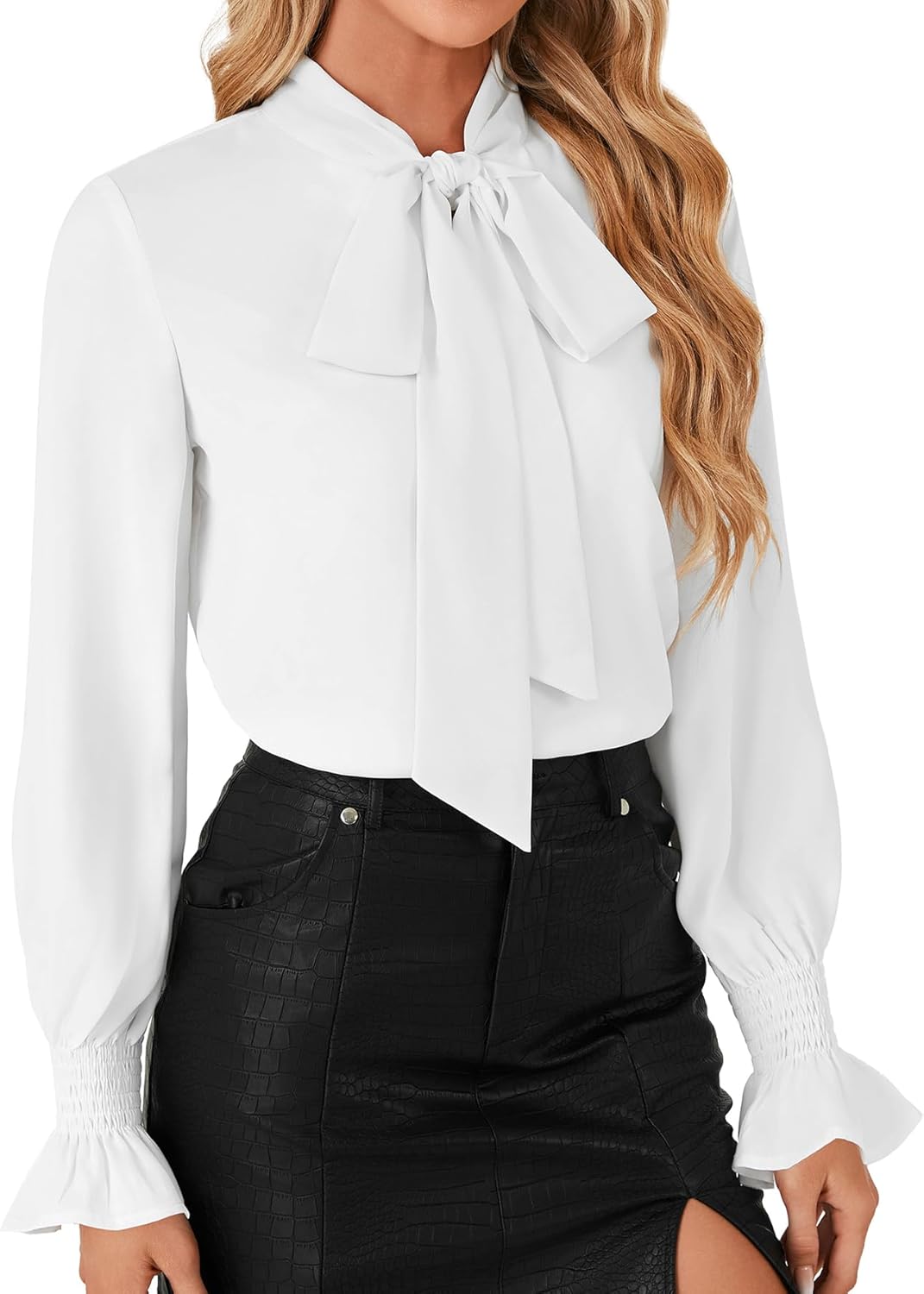 LYANER Women's Bow Tie Front Smocked Long Sleeve Blouse Elegant Office Shirt Top - Image 4