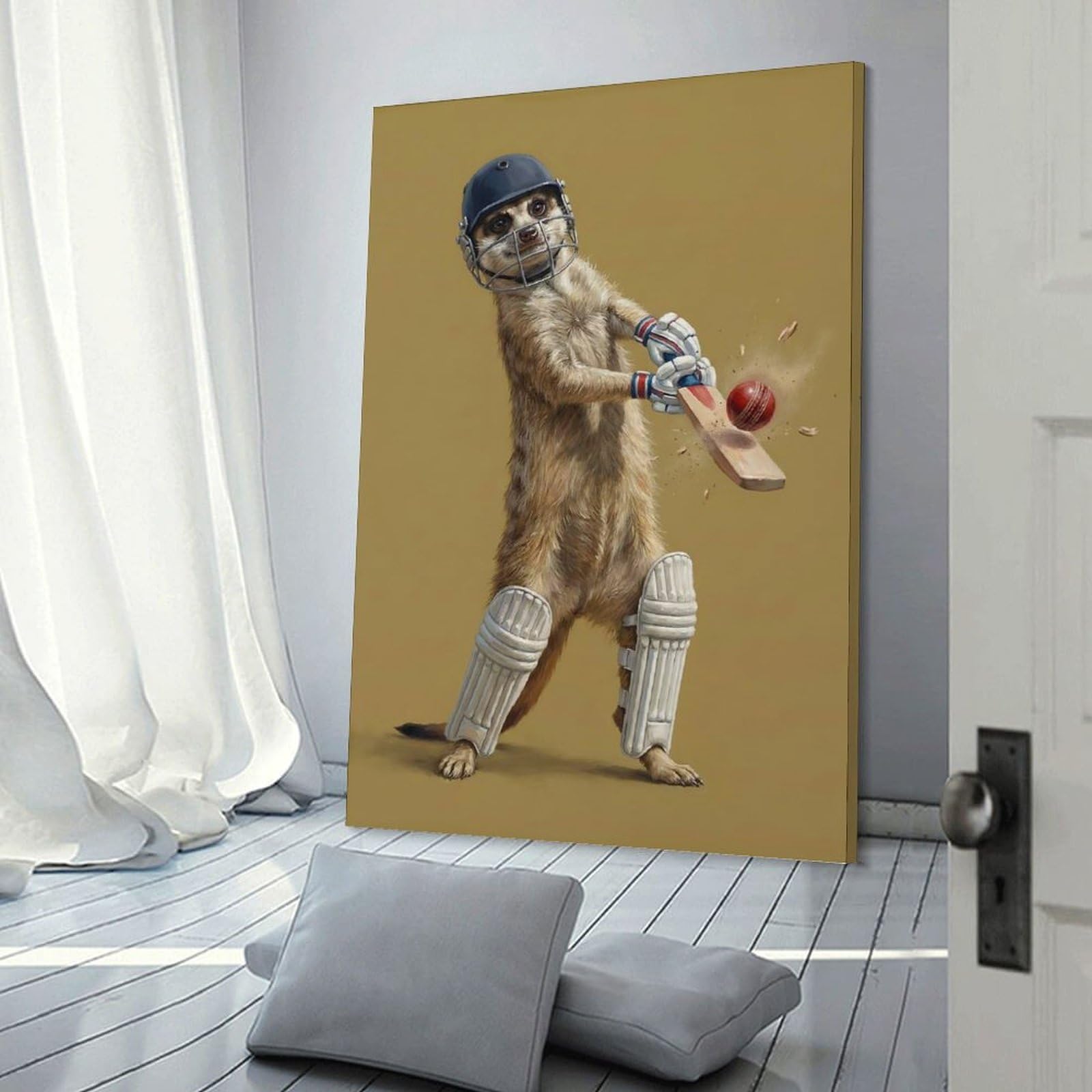 Junmoney Meerkat Playing Cricket Canvas Wall Decor 24x36inch(60x90cm), for Workspace Walls, Study Corners Or Bedrooms, Decorative Artwork for Productive Spaces