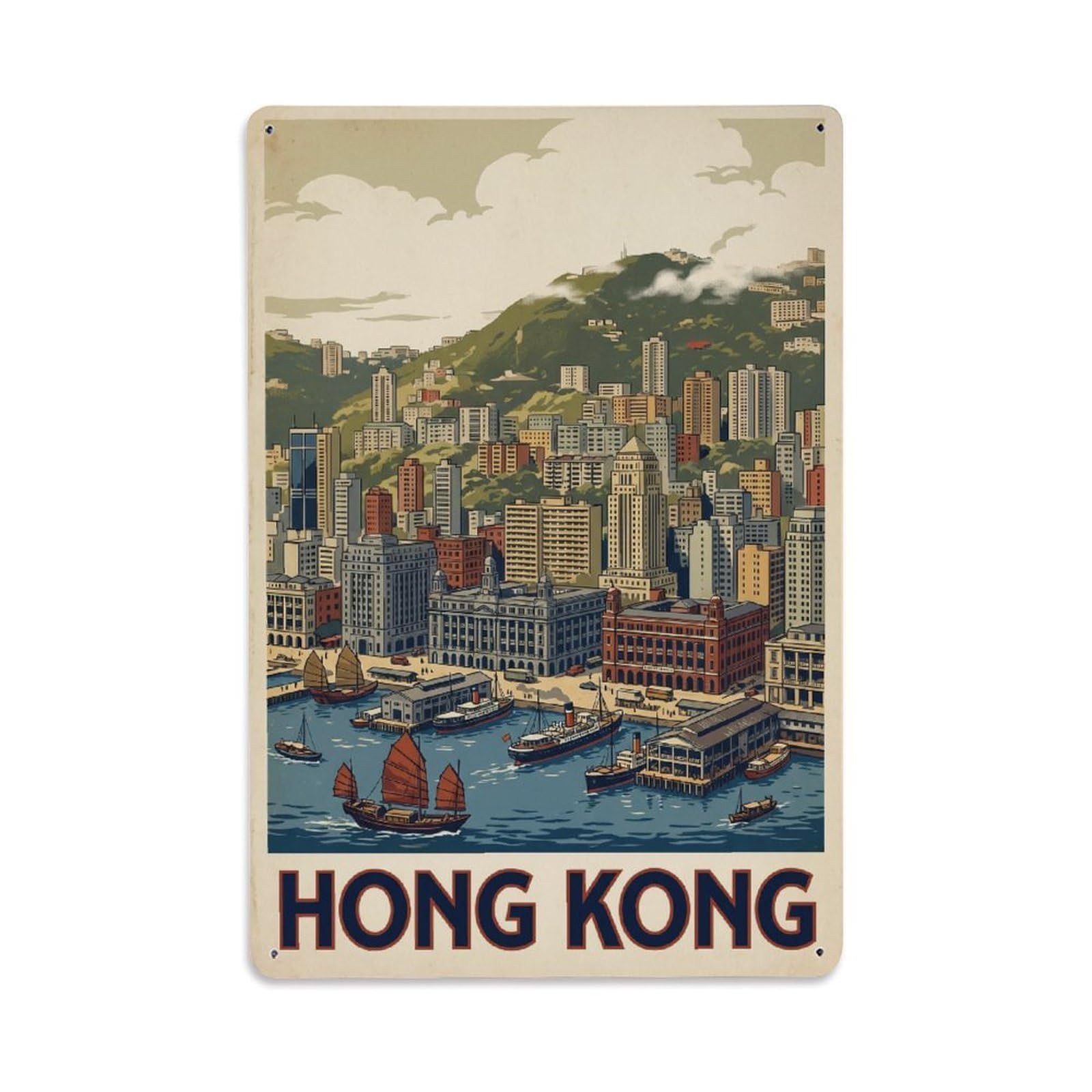 Huiyhb 8X12inch(20X30cm) Vintage Travel Hong Kong Cityscape Metal Tin Sign