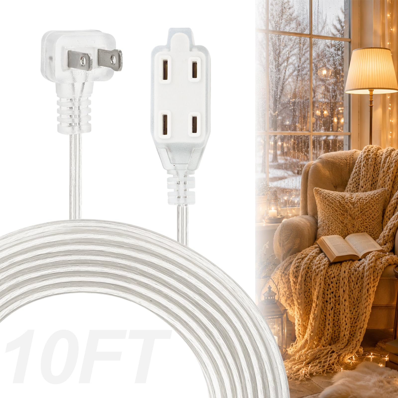 Clear Extension Cord 10FT, 3 Outlets, 0.6-Inch Flat Plug, 1 Pack