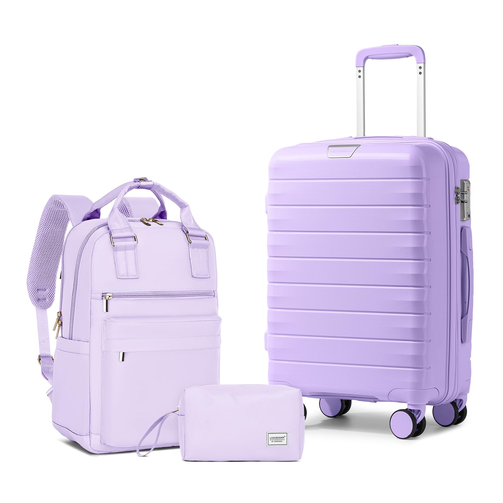 LARVENDER Luggage Sets 3 Piece with Travel Backpack Hardside PP Carry On Suitcase with 360° Spinner Wheels TSA Lock Luggage Sets for Women, Lavender