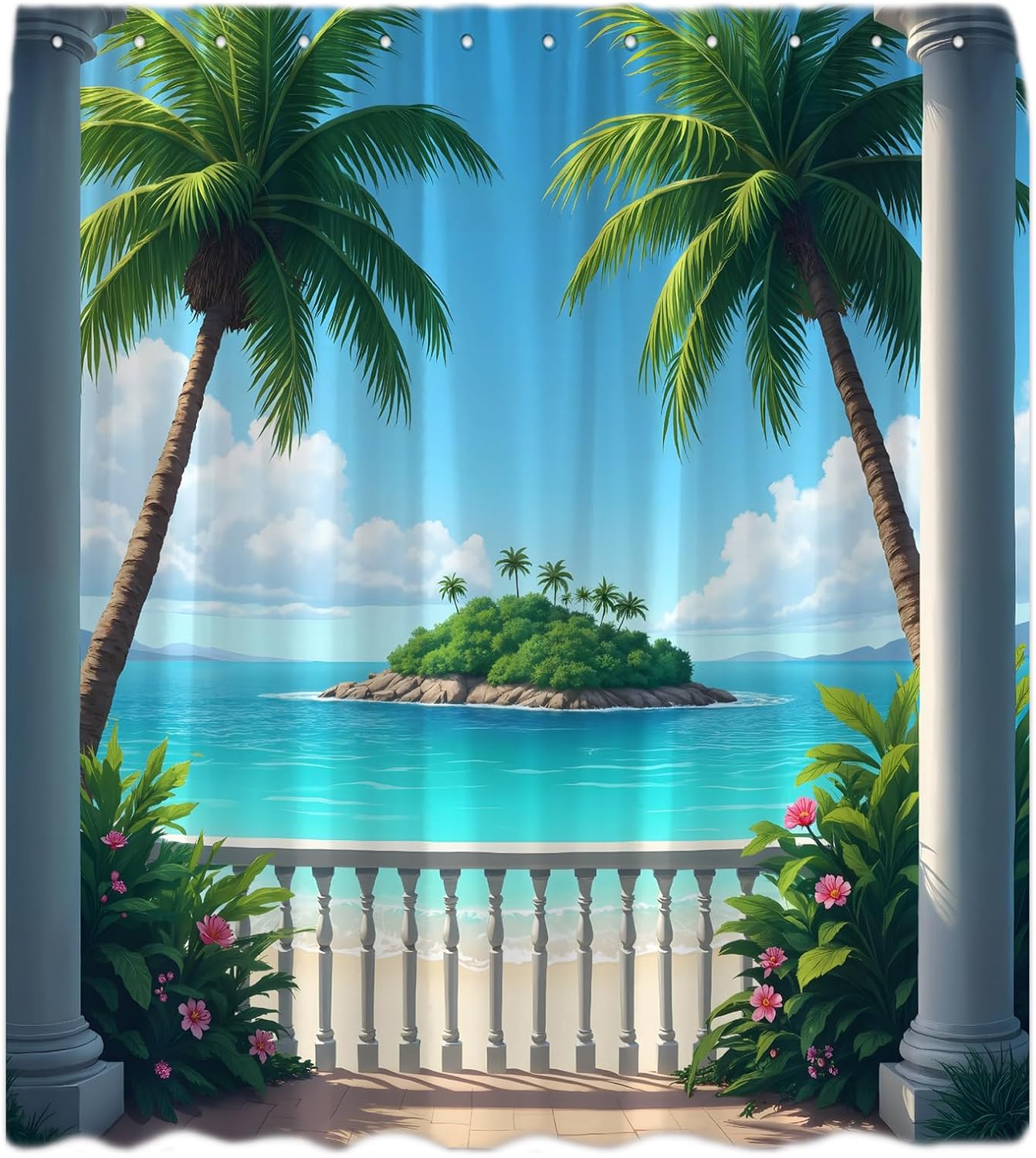 Tropical Beach Seascape Shower Curtain Ocean Seaside Scenery Hawaii Balcony Palm Tree Tropical Floral Island Blue Sky Landscape Coastal Fabric Bathroom Curtain Set with Hook