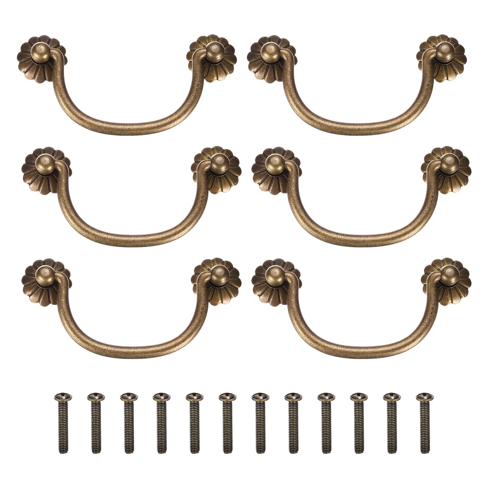 sourcing map 6Pcs 3.15 Inch Brass Drawer Pulls and Knobs with Double Mounting Holes, Vintage Ring Drawer Pulls with Screws Flower Shape for Cabinet Dresser Closet Cupboard, Bronze