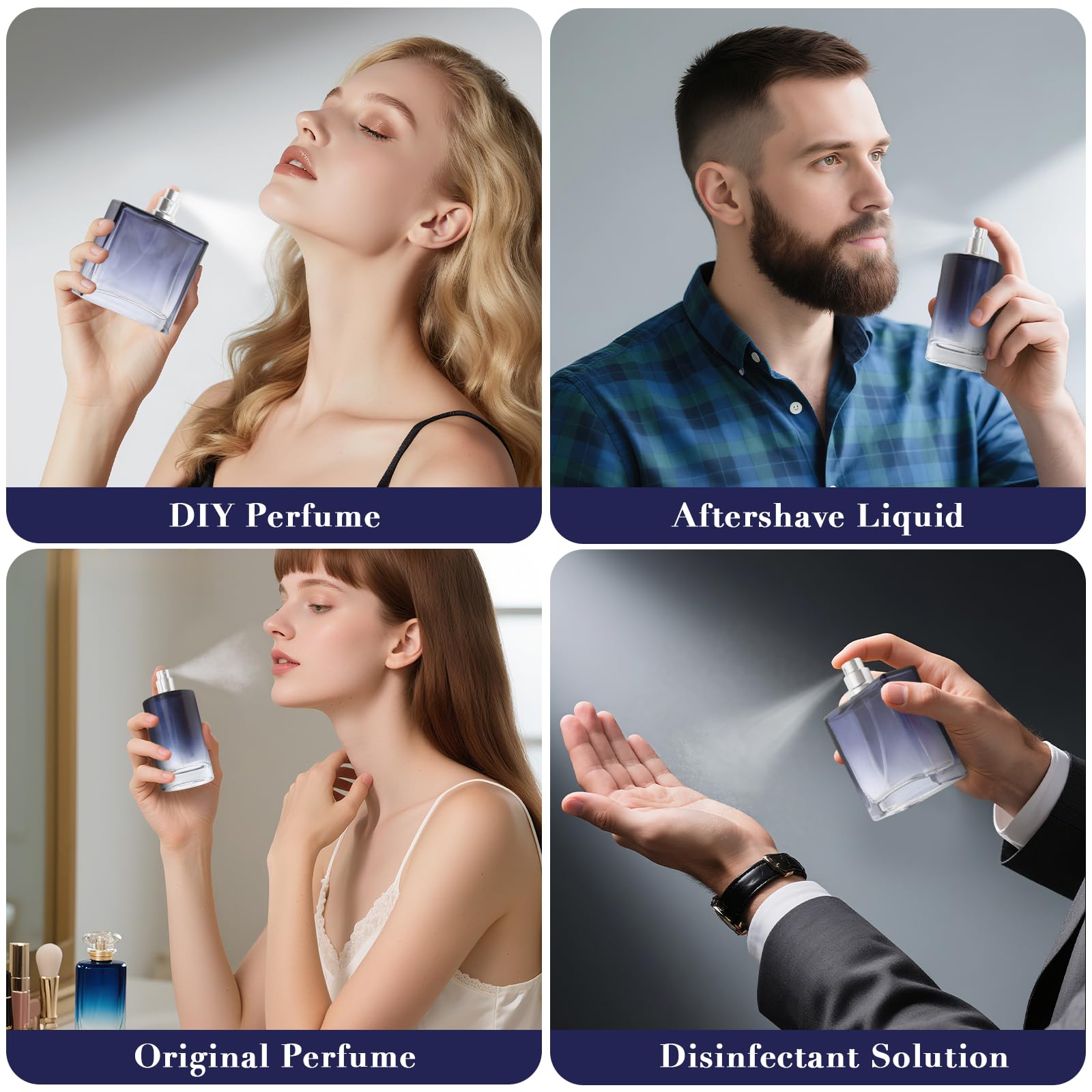 Gradient Blue Glas Perfumy Flakon puste 100 ml, aksamitna torba, okrągłe i kwadratowe, puste opakowanie 100 ml, duża pojemność, do podróży, perfum, alkoholu, do napełniania, wielokrotnego