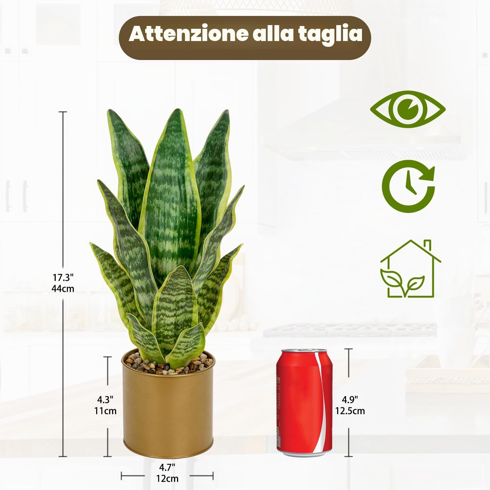 Oairse Pianta artificiale serpente da 44cm in vasi di metallo dorato, piante finte in vaso decorative, pianta Sansevieria finta artificiale, piante artificiali da interno per casa bagno cucina camera