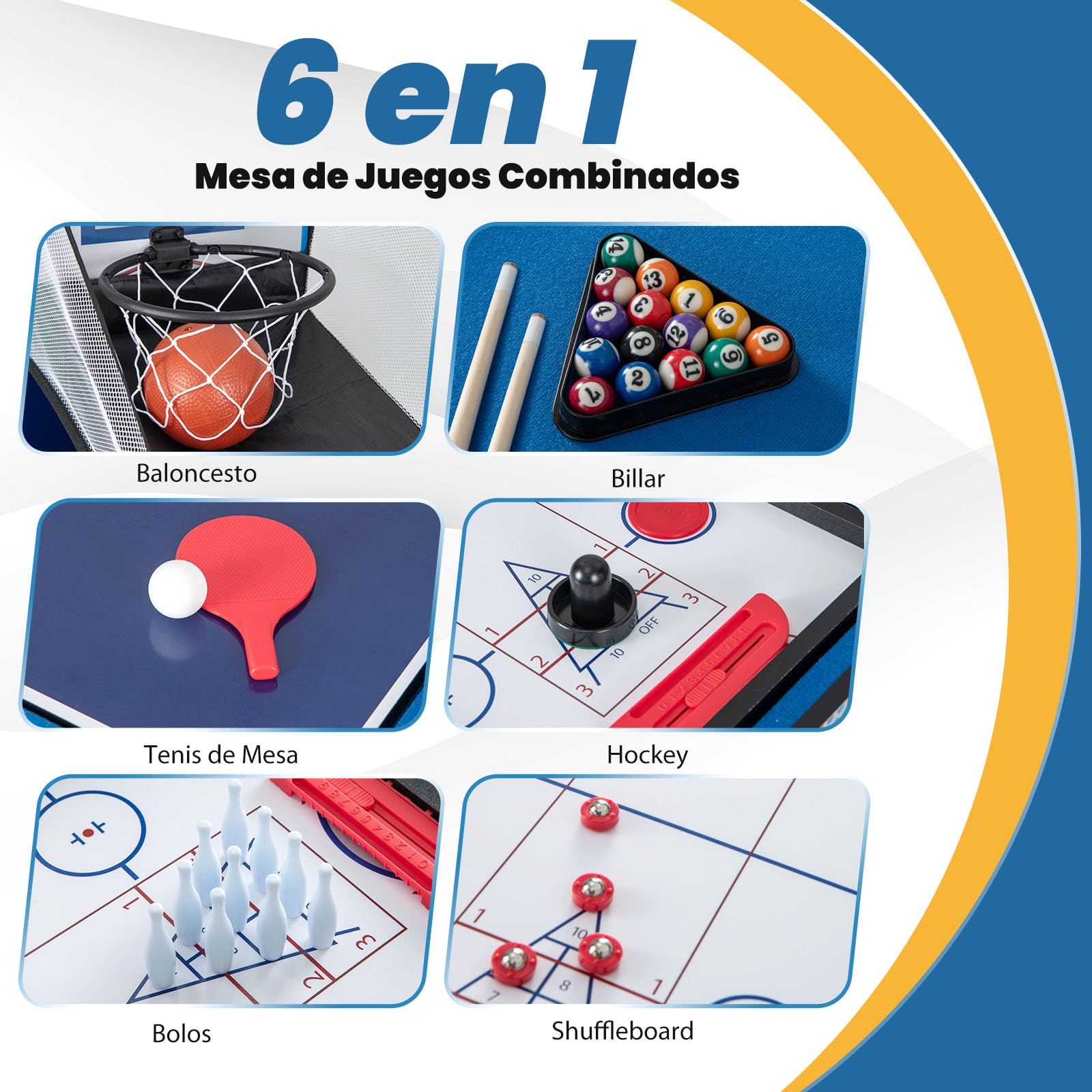 GOPLUS 6 en 1 Mesa de Juegos Multijuegos con Baloncesto, Billar, Ping Pong, Hockey, Shuffleboard, Bolos