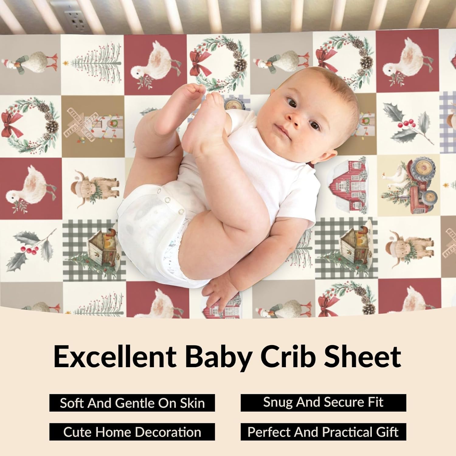 Christmas Farm Animals Patchwork Baby Crib Sheets Highland Cow Duck Tractor Barn Fir Leaves Baby Sheet Winter Festive Holiday Farm Life Fitted Crib Mattress Cover for Standard Toddler Mattress 52"x28"