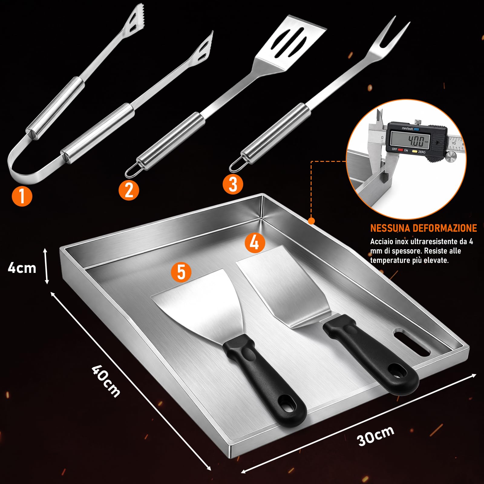 Set di Plancha in Acciaio Inox da 4 mm, 40 x 30 cm, con 5 Pezzi di Utensili per Barbecue, Spatola Inclusa, Stabile e senza Deformazioni, Adatta per Barbecue a Gas e a Carbone.